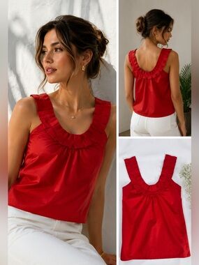 Zara Basic Red Ruffle Neck Cotton Tank Top Women’s Size L Summer Vacation Casual